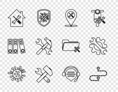 Bakteri hattı, güzergah, konum servisi, çapraz çekiç ve anahtar, House, konuşma balonu sohbetli kulaklık ve İngiliz anahtarı ikonu. Vektör