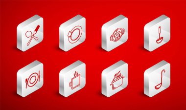 Mutfak kepçesi, bulaşık yıkama, çorba tenceresi çapraz çatal ve kaşık kahve fincanı ve tabak, bıçak ikonu. Vektör