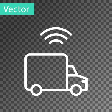 Beyaz hat. Kablosuz bağlantı ikonu olan akıllı kargo kamyonu aracı. Şeffaf arkaplanda izole edilmiş. Vektör.