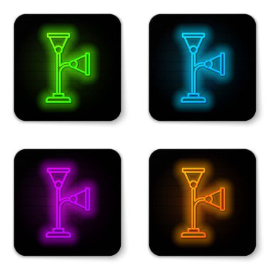 Parlayan neon çizgisi yer lambası simgesi beyaz arkaplanda izole edildi. Siyah kare düğme. Vektör.
