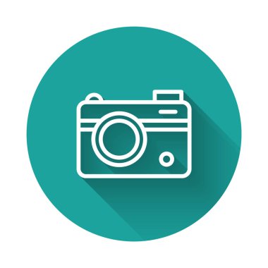 White line Photo camera icon isolated with long shadow background. Foto camera. Digital photography. Green circle button. Vector