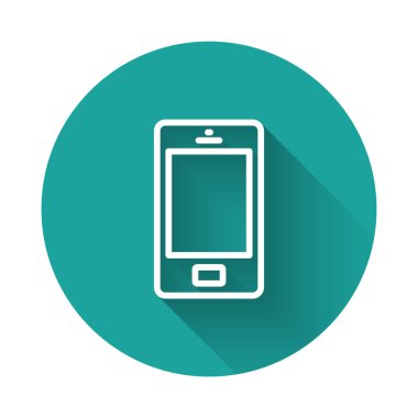 Beyaz çizgi Akıllı Telefon, cep telefonu simgesi uzun gölge arkaplan izole. Yeşil daire düğmesi. Vektör