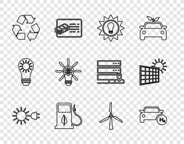 Set line Sun with electric plug, Hydrogen car, Solar energy panel, Bio fuel fueling nozzle, Recycle symbol, Light bulb gear, Wind turbine and and sun icon. Vector