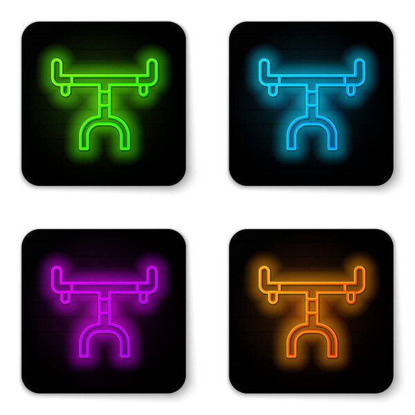 Glowing neon line Bicycle handlebar icon isolated on white background. Black square button. Vector.