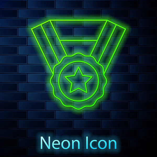 Ragyogó Neon Vonal Medal Ikon Elszigetelt Téglafal Háttér Győztes Szimbólum — Stock Vector