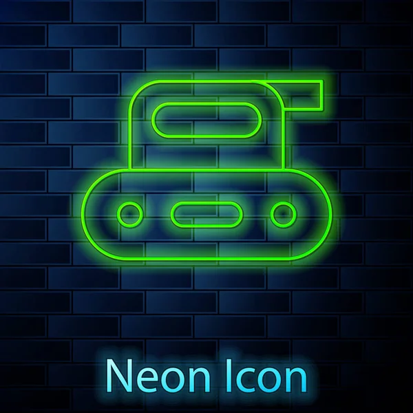 Leuchtende Neon Linie Elektrische Hobelwerkzeug Symbol Isoliert Auf Ziegelwand Hintergrund — Stockvektor