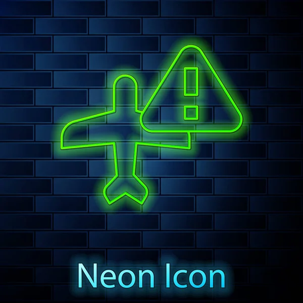Glödande Neon Line Varning Flygplan Ikon Isolerad Tegelvägg Bakgrund Fel — Stock vektor