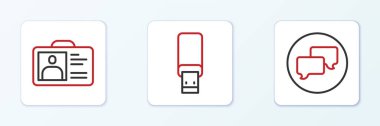 Konuşma baloncuğu sohbet kimlik kartı ve USB flash disk simgesini ayarla. Vektör.