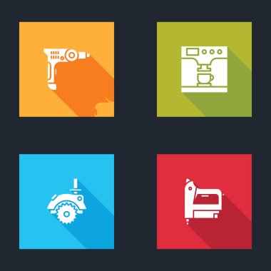 Elektrikli matkap, kahve ve bardak, dairesel testere ve inşaat zımbası ikonu. Vektör.