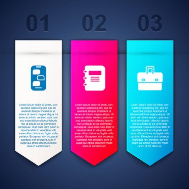 Yeni sohbet mesajları bildirim defteri ve evrak çantasını ayarla. Ticari bilgi şablonu. Vektör.