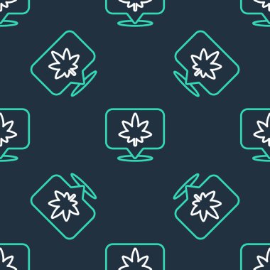 Çizgi haritası işaretleyici ve marihuana veya kenevir yaprağı ikonu siyah arkaplanda izole edilmiş pürüzsüz desen. Kenevir sembolü. Vektör.