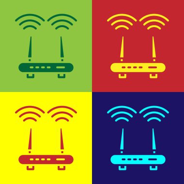 Pop sanat Router ve wi-fi sinyal ikonu renk arkaplanında izole edildi. Kablosuz ethernet modem yönlendirici. Bilgisayar teknolojisi interneti. Vektör.