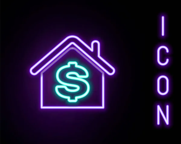 Gloeiende Neon Lijn Huis Met Dollarsymbool Pictogram Geïsoleerd Zwarte Achtergrond — Stockvector