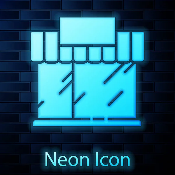 Zářící Neon Nákupní Budova Nebo Ikona Obchodu Izolované Pozadí Cihlové — Stockový vektor