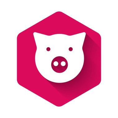 Beyaz Domuz simgesi uzun gölge arkaplanı ile izole edildi. Hayvan sembolü. Pembe altıgen düğmesi. Vektör.