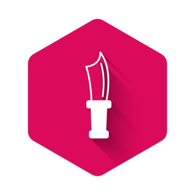 Uzun gölgeli beyaz dalış bıçağı ikonu izole edildi. Pembe altıgen düğmesi. Vektör.