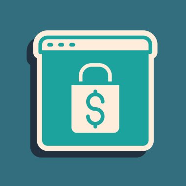 Yeşil arkaplanda izole edilmiş yeşil ekran simgesinde Green Online alışveriş. Konsept e-ticaret, e-ticaret, online iş pazarlama. Uzun gölge tarzı. Vektör.