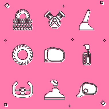 Araba lastiği el freni aynası vites değiştirici spor direksiyon ve ikon ayarla. Vektör.