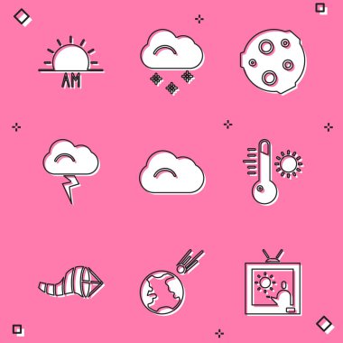 Sunrise Cloud 'u kar fırtınası meteoroloji termometresi koni meteoroloji rüzgar gülü ve kuyruklu yıldız ikonu ile ayarla. Vektör.