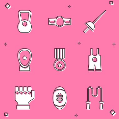 Kettlebell boks kemeri eskrim antrenman pençeleri, güreş madalyası, MMA eldiveni ve Amerikan futbolu ikonu. Vektör.