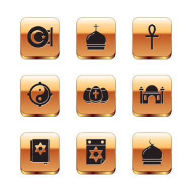 Yıldız ve Hilal Musevi takvimi Paskalya yumurtası Yin Yang Haçı Ankh Müslüman Camisi ve kilise kulesi ikonu. Vektör.