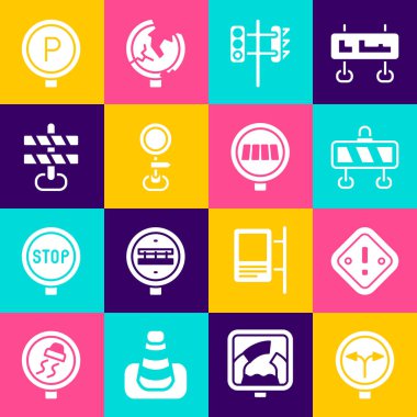 Fork in the road Ünlem işareti üçgen yol bariyeri trafik ışığı trafik levhası park yeri ve yaya geçidi ikonu. Vektör.