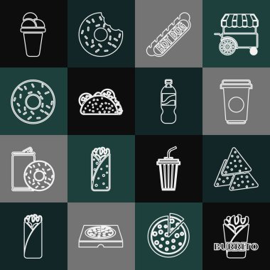 Hattı Burrito Nachos Kahve fincanı Hotdog Sandviç Taco ve tortilla Donut dondurması ve şişe su ikonu ile ayarla. Vektör.