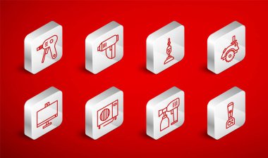 Blender elektrikli endüstriyel kurutma makinesi elektrikli elektrikli elektrikli süpürge dairesel testere boya tabancası sıcak yapıştırıcı klima ve bilgisayar monitörü ikonu. Vektör.