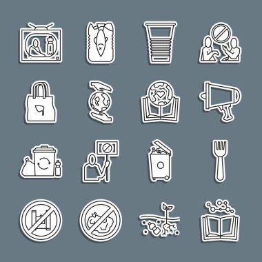 Tek kullanımlık plastik çatal, dünyanın geri dönüşüm durdurma kirliliği ve ikonuyla dolu alışveriş poşetini tutan megafon kağıttan elleri aç. Vektör.