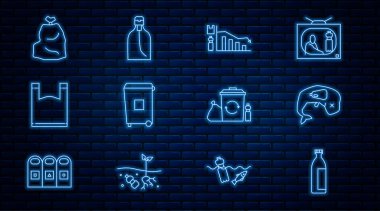 Hat losyon kozmetik tüpü çevre koruma balinası ölü Ekoloji bilgi çöp tenekesi plastik torba çöp geri dönüşüm kutusu ve bir şişe sıvı sabun ikonu. Vektör.