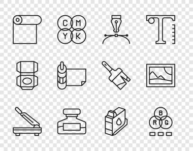 Satır Kağıt Kesicisi RGB renk karıştırıcı dolmakalem ucu mürekkep rulo kağıt yazıcı mürekkep kartuşu ve resim manzara ikonu. Vektör.