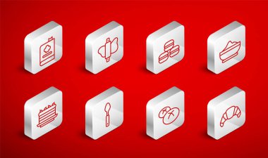 Hamur hamurlu makarna kurabiye kasesi un ekmekli ekmek kitabı kaşığı ve kek ikonuna kruvasan iğnesi koyun. Vektör.