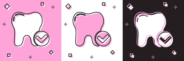 ピンクと白 黒の背景に分離歯のホワイトニングコンセプトアイコンを設定します 歯科クリニックや歯科医療センターの歯のシンボル ベクトル — ストックベクタ
