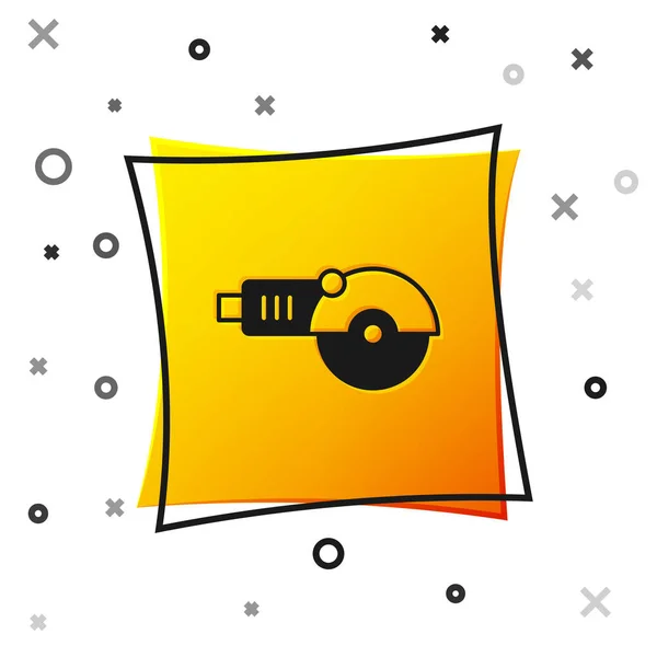 Black Angle grinder icon isolated on white background. Yellow square button. Vector.