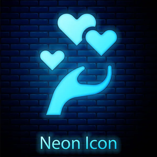 Glowing Neon Heart Hand Icon Isolated Brick Wall Background Hand — Stock Vector