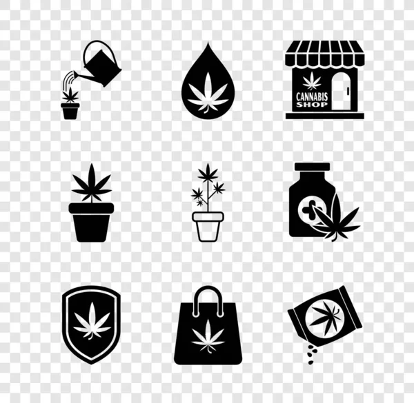 Set Gießkanne Marihuana Marihuana Oder Cannabisblattöl Und Schild Einkaufstasche Mit — Stockvektor
