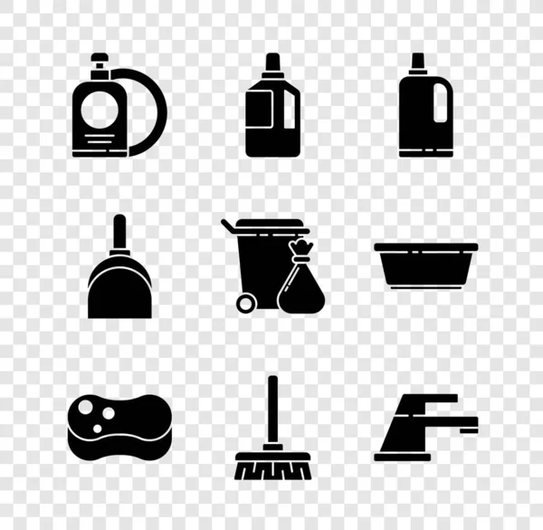 设置洗碗液瓶和洗碗板织物柔软剂海绵处理扫帚水龙头垃圾桶和垃圾箱可以垃圾袋图标 — 图库矢量图片