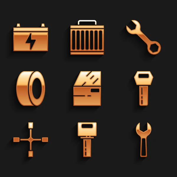 Set Autoschlüssel Mit Fernbedienung Schraubenschlüssel Radschlüssel Reifen Und Batterie Symbol — Stockvektor