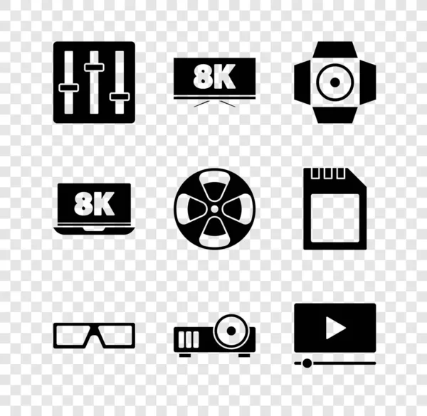 Set Mezclador Sonido Controlador Pantalla Con Proyector Película Gafas Cine — Archivo Imágenes Vectoriales