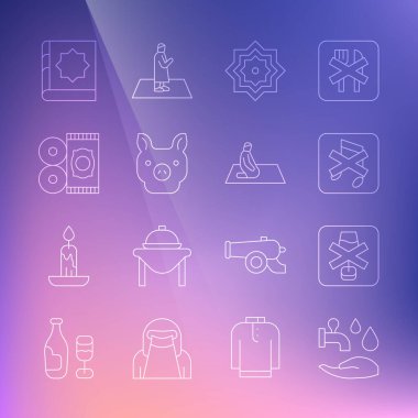 Sabit hat Wudhu Alkol Sözcüsü dilsiz Sekizgen Yıldız Domuz Geleneksel Halı Kur 'an' ın kutsal kitabı ve Müslüman adam dua ikonu. Vektör.