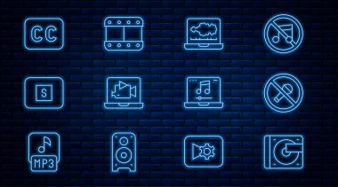 Plak disk Mute mikrofon Sound ya da ses kaydedicisi ile çizgi Vinil oynatıcısını Online video düğmesi Altyazıları Durdur Laptop müziği ve Simge Çal ile ayarla. Vektör.