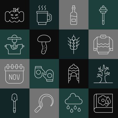 Bitki özlü ağaç süveteri, şarap şişesi mantar kabağı ve buğday ikonu. Vektör.