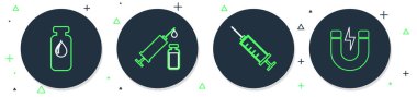 Tıbbi şırınga, şırınga ampulü ve mıknatısı şimşek simgesiyle ayarla. Vektör.