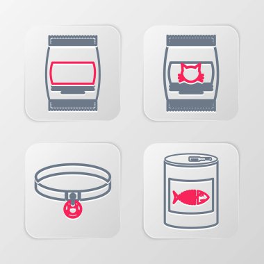 Kedi tasması çantası ve ikon için konserve yiyecek ayarla. Vektör.
