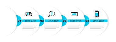Satır Mobil Soru ve Ünlem Sayfasını 404 hata konuşma balonu ve araba servis simgesi ile ayarla. Vektör.