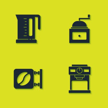 Elektrikli su ısıtıcısı, kahve makinesi, sokak tabelası kahvesi ve manuel öğütücü ikonu. Vektör.
