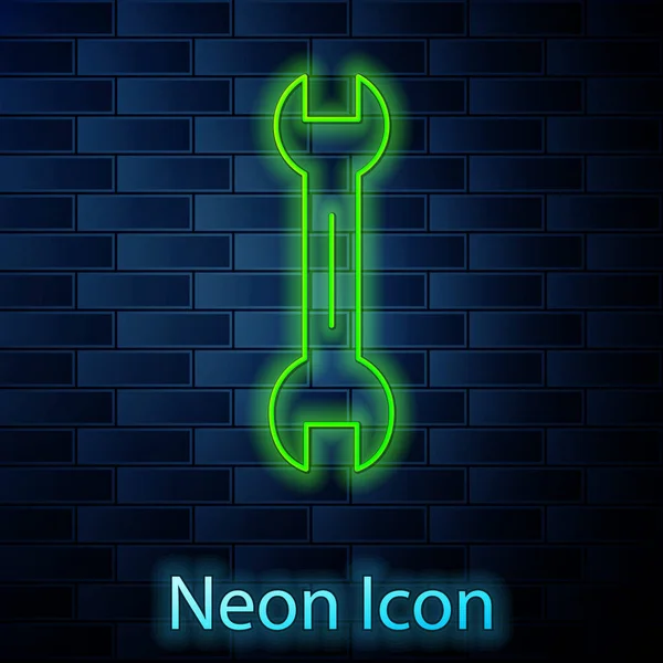 Gloeiende Neon Lijn Wrench Moersleutel Pictogram Geïsoleerd Baksteen Muur Achtergrond — Stockvector