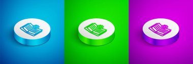 Isometric line Holy book of Koran icon isolated on blue, green and purple background. Muslim holiday, Eid Mubarak, Eid al-fitr, Ramadan Kareem. White circle button. Vector.