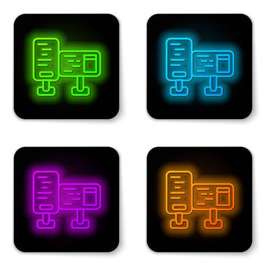 Parlayan neon hattı bilgisayar ekranı simgesi beyaz arkaplanda izole edildi. Elektronik cihaz. Ön manzara. Siyah kare düğme. Vektör.