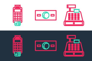 Nakit para ikonu ve kredi kartı olan POS terminalini ayarlayın. Vektör.